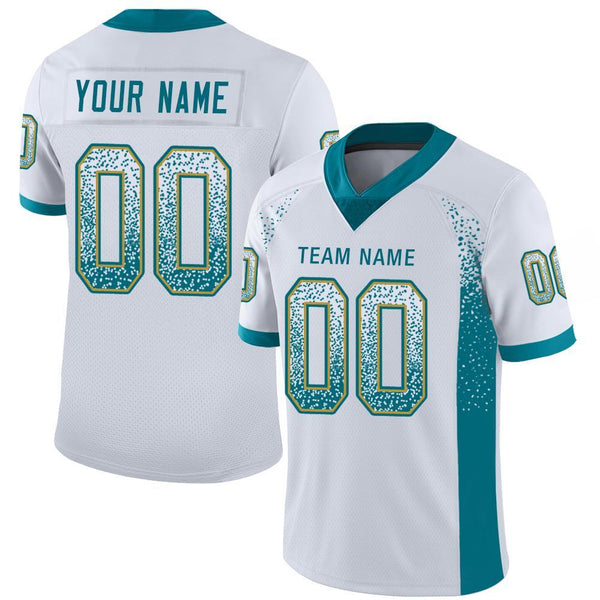 Custom White Teal Old Gold Mesh Drift Fashion Football Jersey