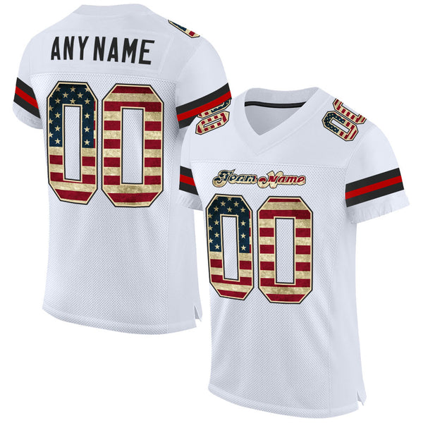 Custom White Vintage USA Flag Black Mesh Authentic Football Jersey